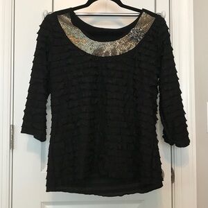 Janeric black 3/4sleeve round neck top with ruffles, silver beading & sequins(S)